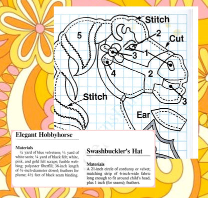 Vintage Sewing Pattern Medieval Hobby Horse Toy Musketeer Hat Velvet Fabric PDF Instant Digital Download