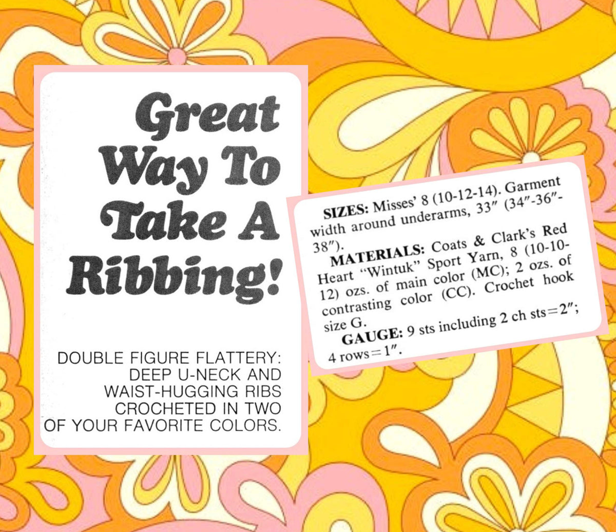 Vintage Crochet Pattern Womens Simple Two Tone Top PDF Instant Digital Download Ribbed Waist Retro 70s
