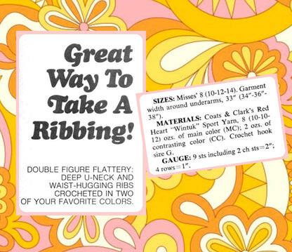 Vintage Crochet Pattern Womens Simple Two Tone Top PDF Instant Digital Download Ribbed Waist Retro 70s