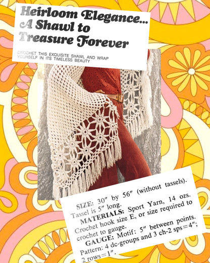 Vintage Crochet Pattern Womens Heirloom Flower Border Shawl PDF Instant Digital Download 70s Lace Wrap