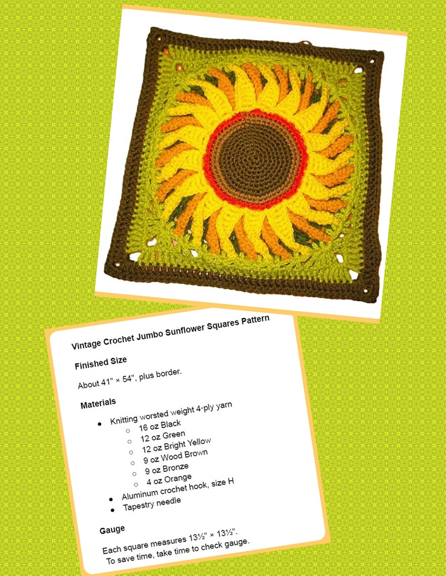 Vintage Crochet Giant Sunflower Grannies Afghan Pattern PDF Instant Digital Download Beautiful Sun Flower Garden Blanket 10 Ply