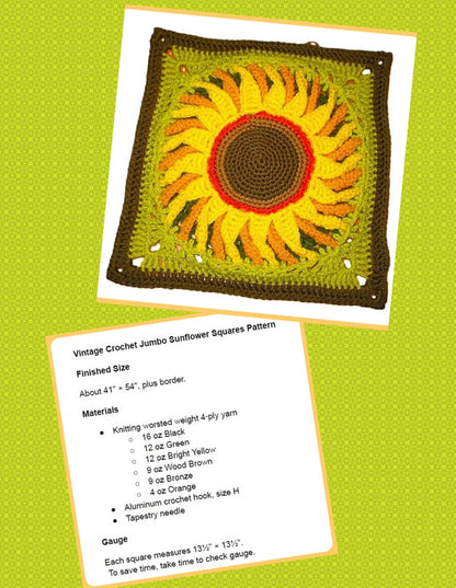 Vintage Crochet Giant Sunflower Grannies Afghan Pattern PDF Instant Digital Download Beautiful Sun Flower Garden Blanket 10 Ply