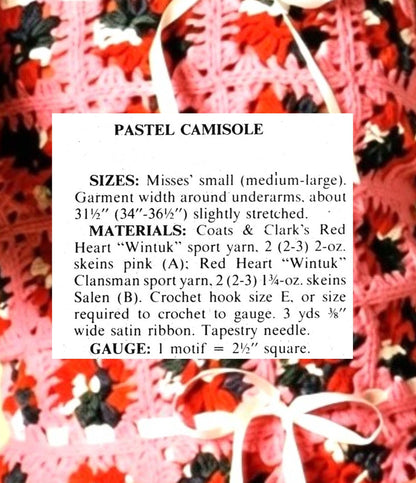 Vintage Crochet Pattern Mini Motifs Granny Square Camisole Top PDF Instant Digital Download Pastel Ribbons