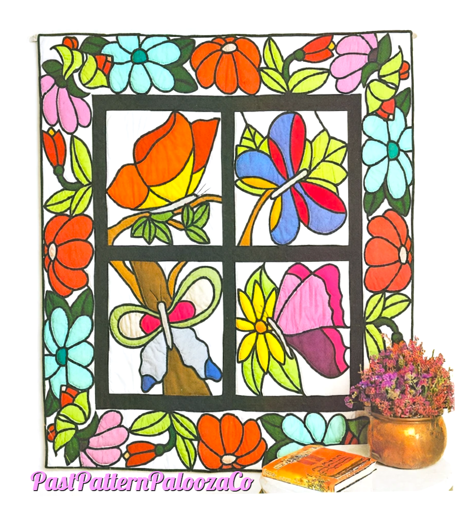 Vintage Sewing Pattern 52" Square Butterflies & Flowers Quilt Wall Hanging PDF Instant Digital Download Stained Glass Window Block Design