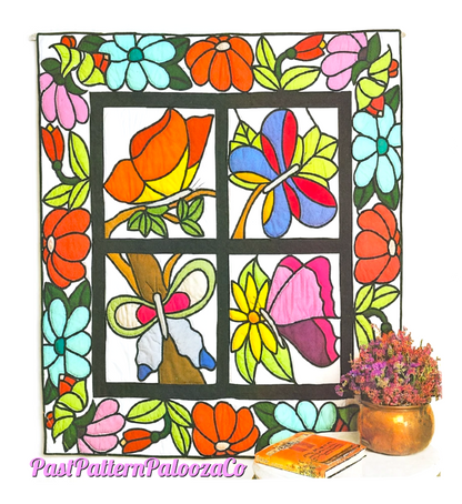 Vintage Sewing Pattern 52" Square Butterflies & Flowers Quilt Wall Hanging PDF Instant Digital Download Stained Glass Window Block Design