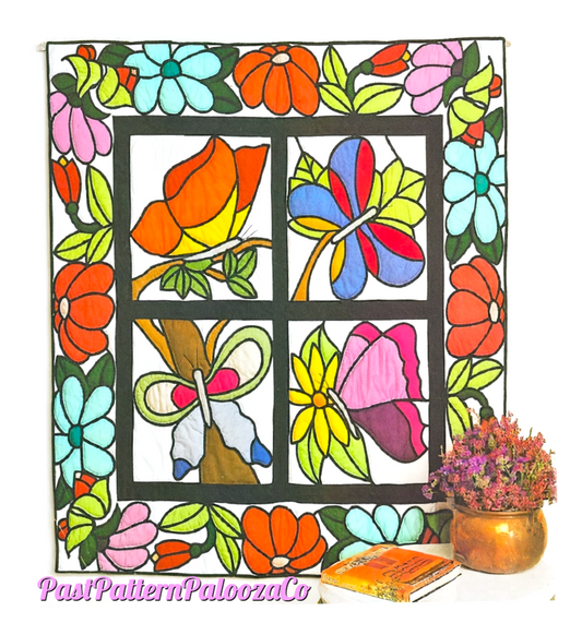 Vintage Sewing Pattern 52" Square Butterflies & Flowers Quilt Wall Hanging PDF Instant Digital Download Stained Glass Window Block Design