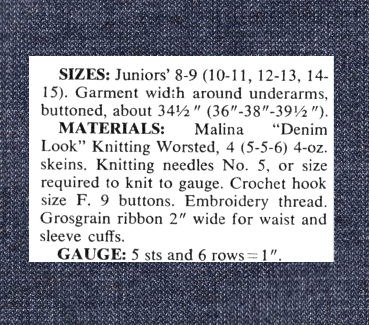 Vintage Knitting Pattern Womens Teens Faux Denim Jean Jacket PDF Instant Digital Download Cute Retro Stitched Denim-Look Top