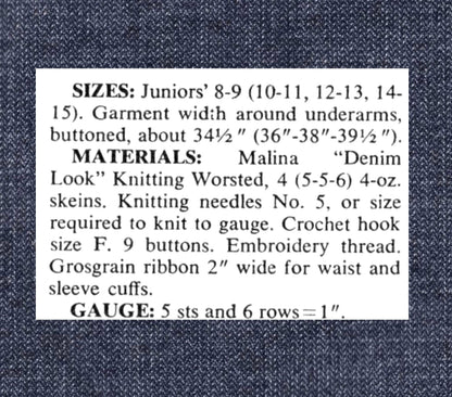 Vintage Knitting Pattern Womens Teens Faux Denim Jean Jacket PDF Instant Digital Download Cute Retro Stitched Denim-Look Top