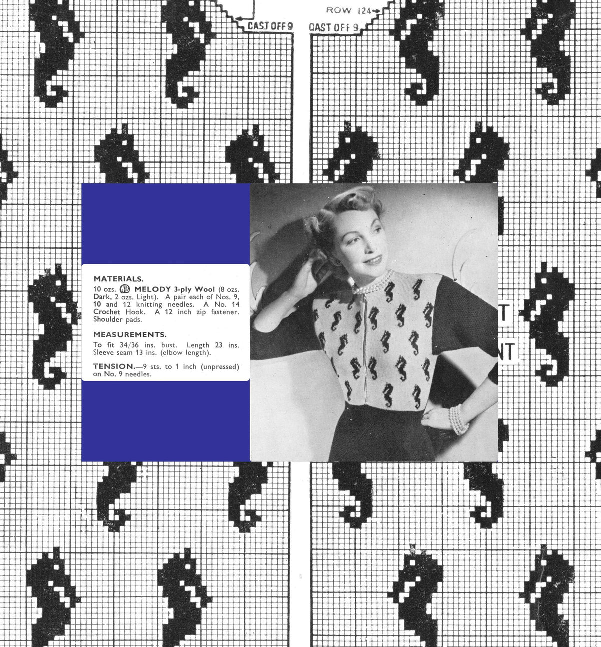 Vintage Knitting Pattern Womens Seahorse Sweater PDF Instant Digital Download Retro 40s Sea Horse Motif Jumper Pullover