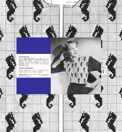 Vintage Knitting Pattern Womens Seahorse Sweater PDF Instant Digital Download Retro 40s Sea Horse Motif Jumper Pullover