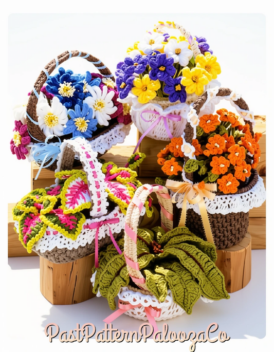 Vintage Crochet Patterns Fancy Flower and Plant Baskets PDF Instant Digital Download Realistic Floral Basket Amigurumi 5 Designs 10 Ply