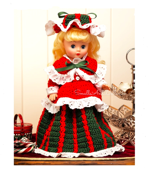 Vintage Christmas Doll Crochet Pattern 13" Candy Cane Dolly Eyelet Fabric Trimmed Outfit PDF Instant Digital Download 10 Ply