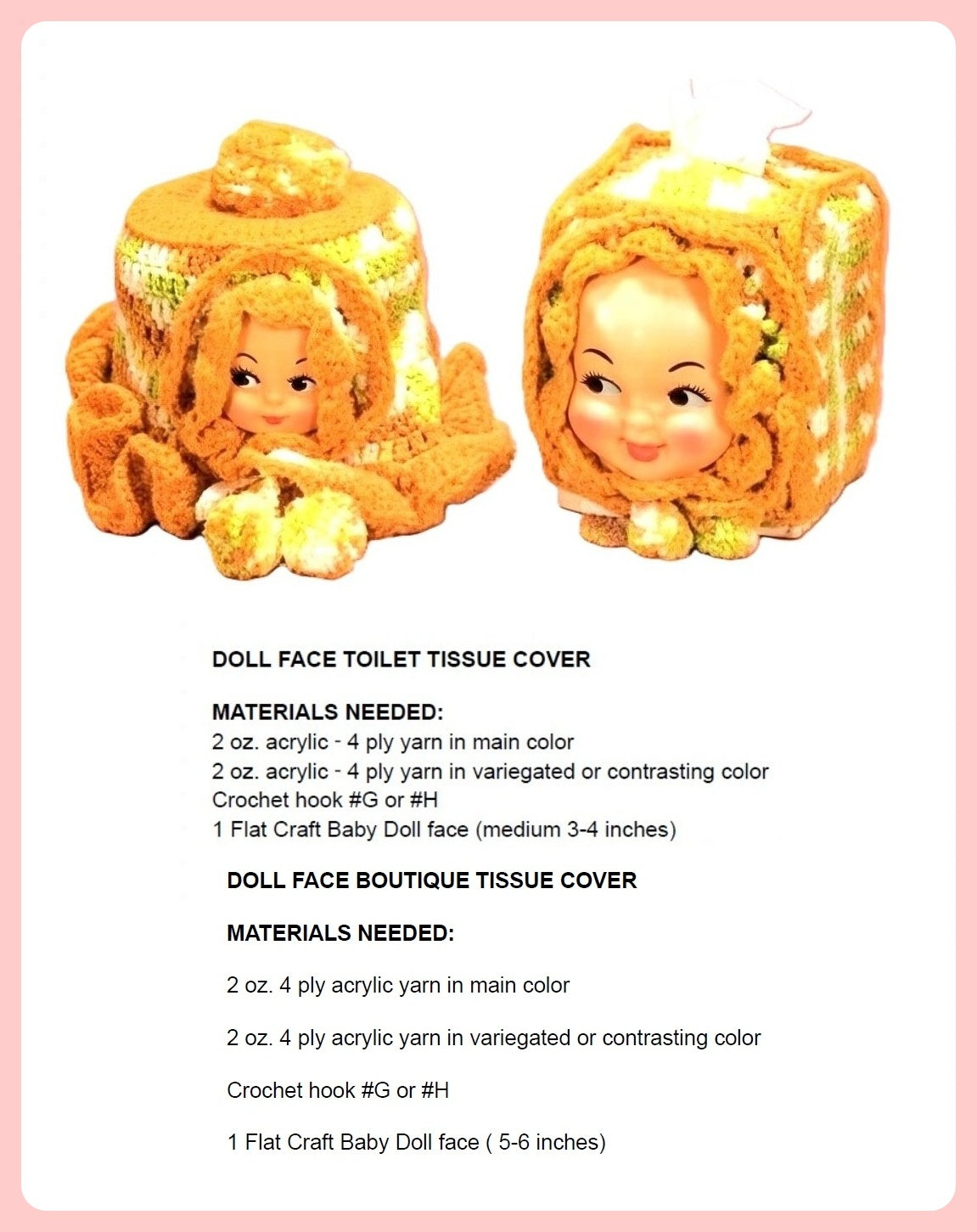 Vintage Crochet Pattern Bathroom Tissue Covers Kitschy Retro Baby Face PDF Instant Digital Download Toilet Paper & Tissue Box Holder
