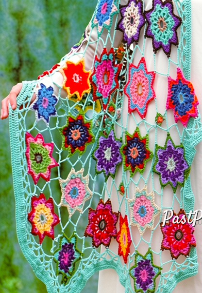 Vintage Crochet Pattern Womens Lacy Star Flower Garden Shawl Motif Design PDF Instant Digital Download Retro 70s Boho Gypsy Hippie Wear