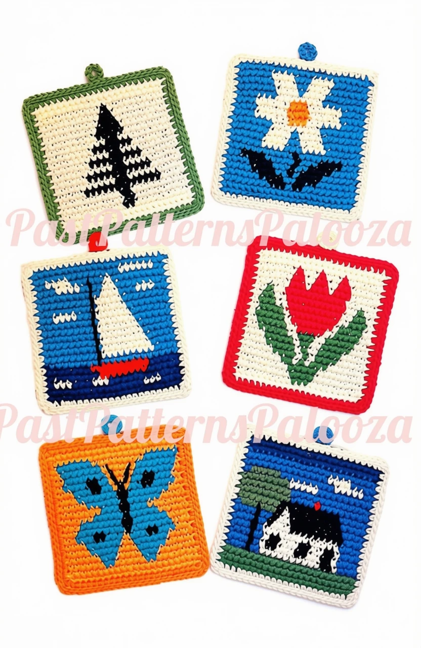 Vintage Crochet Pattern Retro Picture Pot Holders PDF Instant Digital Download Flowers Sailboat Butterfly House Potholders Easy Beginners