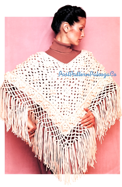 Vintage Crochet Pattern Womens Fringed Granny Square Poncho PDF Instant Digital Download 1970s Boho Hippie Chic Cape 10 Ply