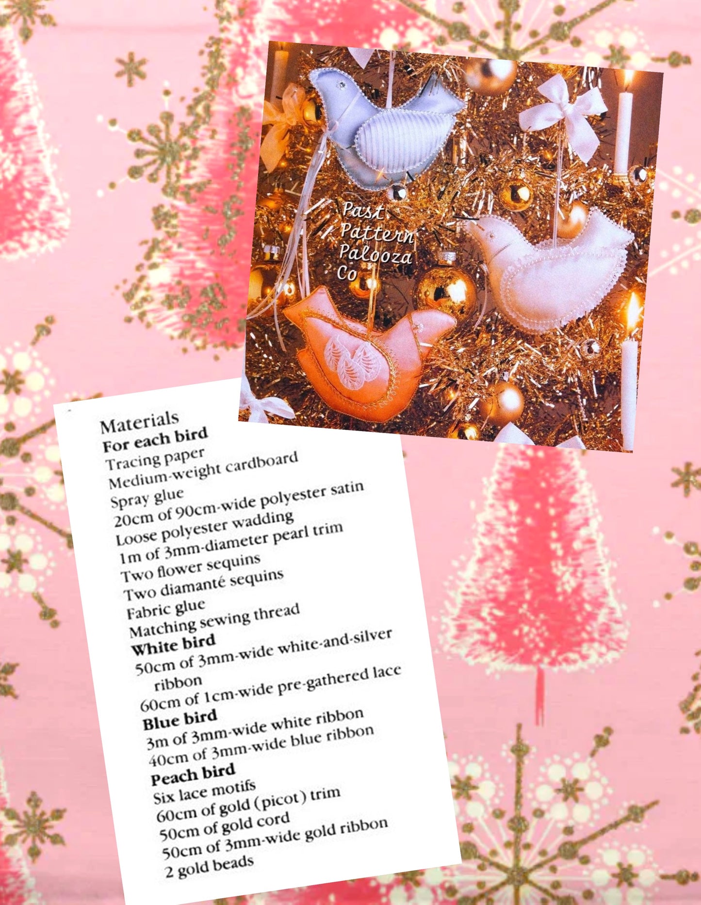 Vintage Christmas Sewing Pattern 7" Satin Doves Bird Ornaments PDF Instant Digital Download Ribbon Lace Pearls Sequined Birdies