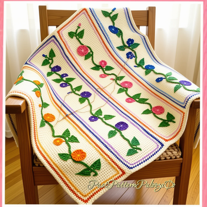 Vintage Crochet Pattern Morning Glory Spring Bouquet Afghan PDF Instant Digital Download Appliqued Calico Fabric Flowers Throw Blanket