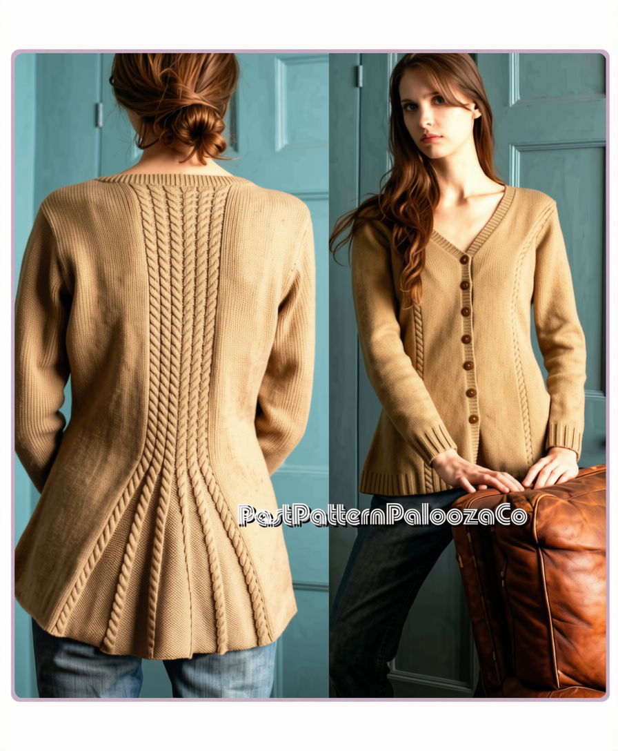 Vintage Knitting Pattern Womens Peplum Cabled Cardigan Sweater PDF Instant Digital Download Fanned Cable Vent Jacket
