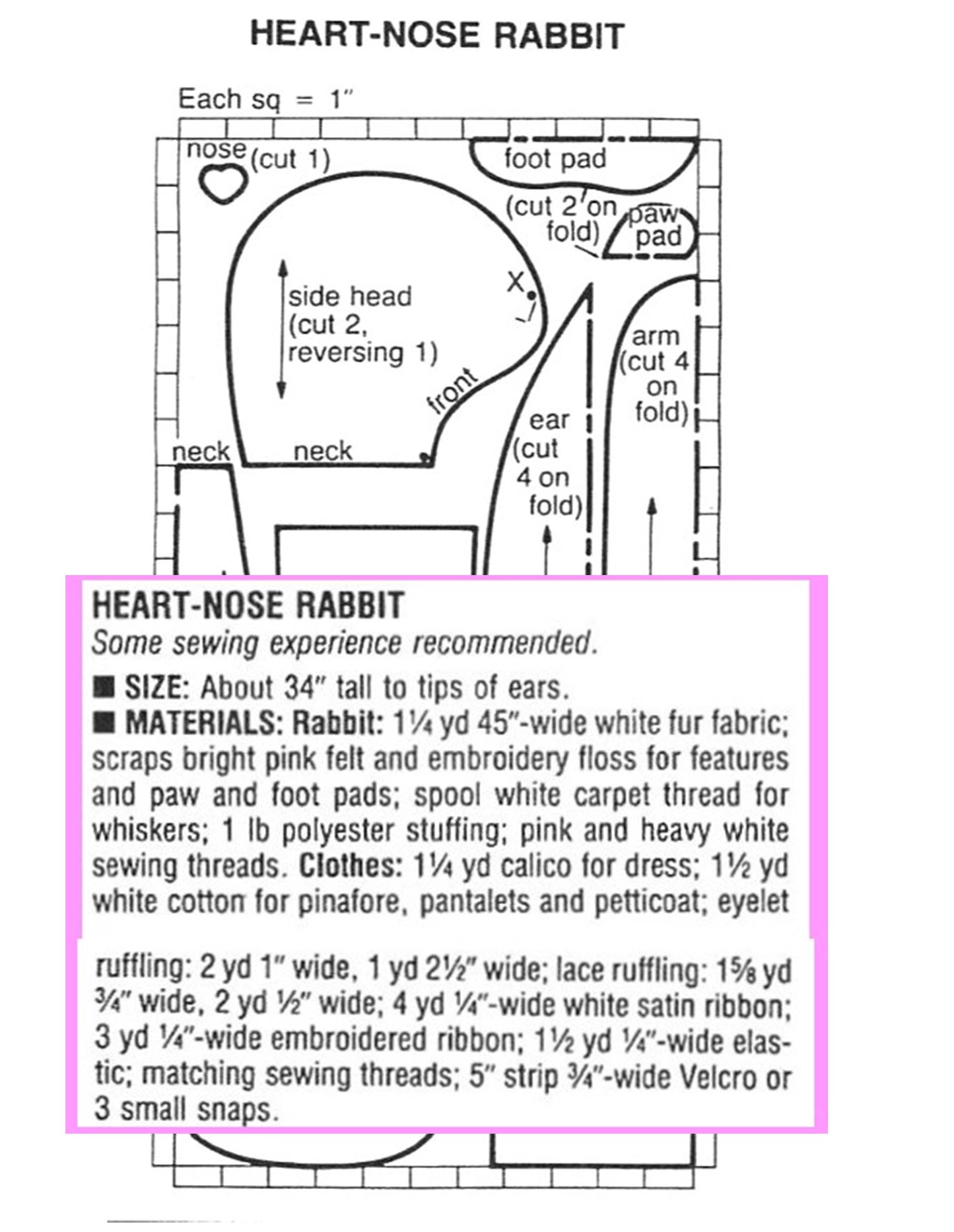 Vintage Sewing Pattern Large 34" Miss Bunny Rabbit Soft Toy Doll Heart Shaped Nose PDF Instant Digital Download Faux Fur Fabric Non Jointed