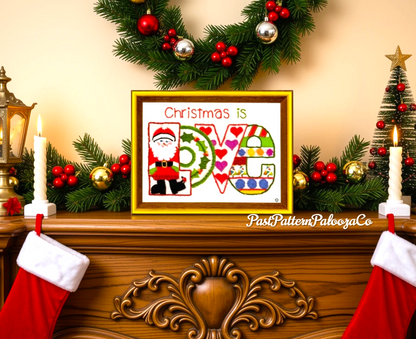 Vintage Crewel Embroidery Christmas Is Love Pattern Retro 1970s Design PDF Instant Download Mini Stitchery Holiday Motif Sampler 5x7