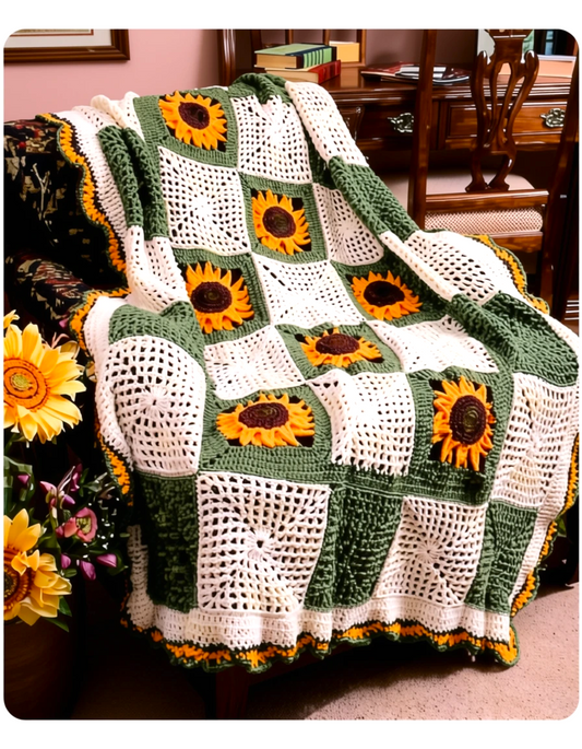 Vintage Crochet Sunflowers and Squares Motif Afghan Pattern PDF Instant Digital Download Sun Flowers Blanket 45x60 10 Ply