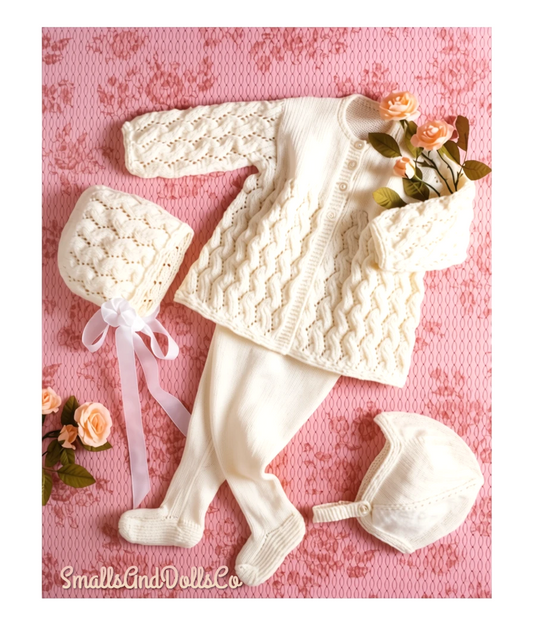 Vintage Knitting Pattern Baby Coat Leggings Bonnet Helmet Knitting Set PDF Instant Digital Download Wavy Cables 6-18m DK