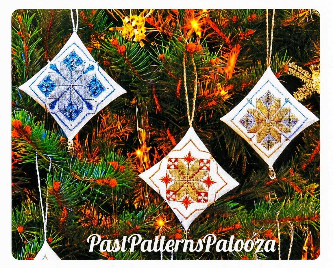 Vintage Embroidery Pattern 4" Christmas Snowflake Diamond Tree Ornaments PDF Instant Digital Download Metallic Thread Beading