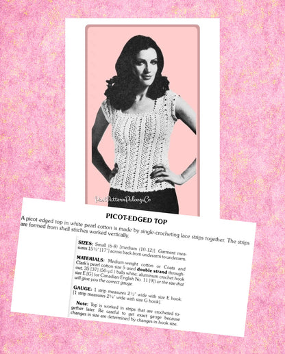 Vintage Crochet Pattern Womens Picot Edge Lacy Top Short Sleeves Farrah Fawcett PDF Instant Digital Download Retro '70s Boho Cotton Thread