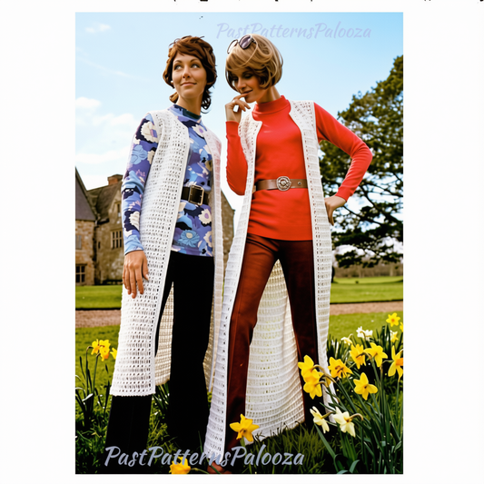 Vintage Crochet Pattern Womens Maxi Vest Long Lace Waistcoat PDF Instant Digital Download Groovy Mod Boho Maxi Midi or Mini Tunics 4 Ply