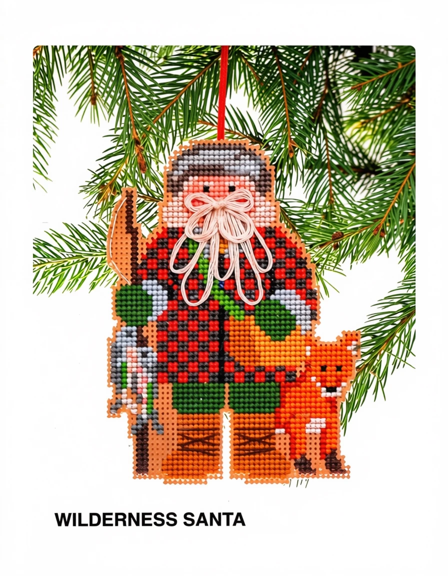 Vintage Cross Stitch Pattern 5" Wilderness Santa Claus Christmas Ornament Fishing Hunting PDF Instant Digital Download Perforated Paper