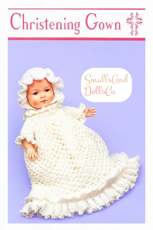 Vintage Crochet Pattern 15" Baby Doll Christening Gown Set PDF Instant Digital Download Dress Bonnet Booties