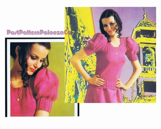 Vintage Knitting Pattern Womens Short Sleeve Juliet Top PDF Instant Digital Download Romantic Ribbed Tee Summer Short Pullover 5 Ply