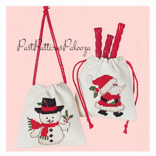 Vintage Cross Stitch Pattern 5" Christmas Ornament Gift Bags PDF Instant Digital Download Santa Snowman Aida Cloth Treat Holders