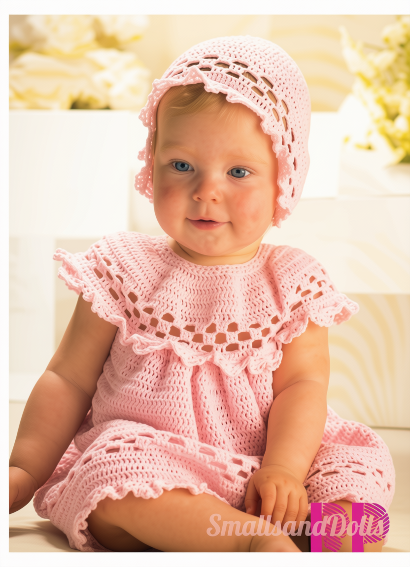 Vintage Crochet Pattern Baby Girl Ruffled Yoke Dress and Bonnet Set Lacy Openwork PDF Instant Digital Download Newborn - 18m 3 Ply