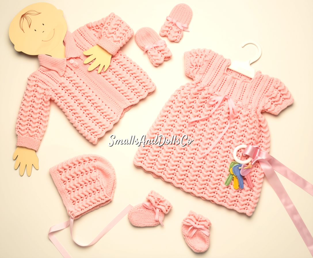 Vintage Knitting Pattern Knit Baby Girl Heather Ripple Eyelet Layette Set PDF Instant Digital Download Sweater Dress Booties Bonnet Mitts