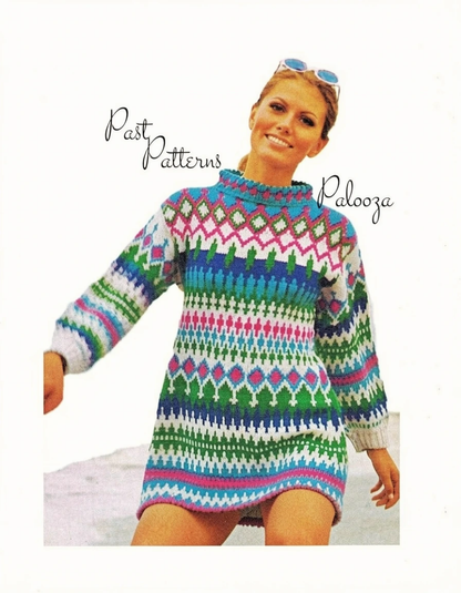 Vintage Knitting Pattern Womens Nordic Icelandic Mini Sweater Dress PDF Instant Digital Download Retro Fair Isle Scandinavian