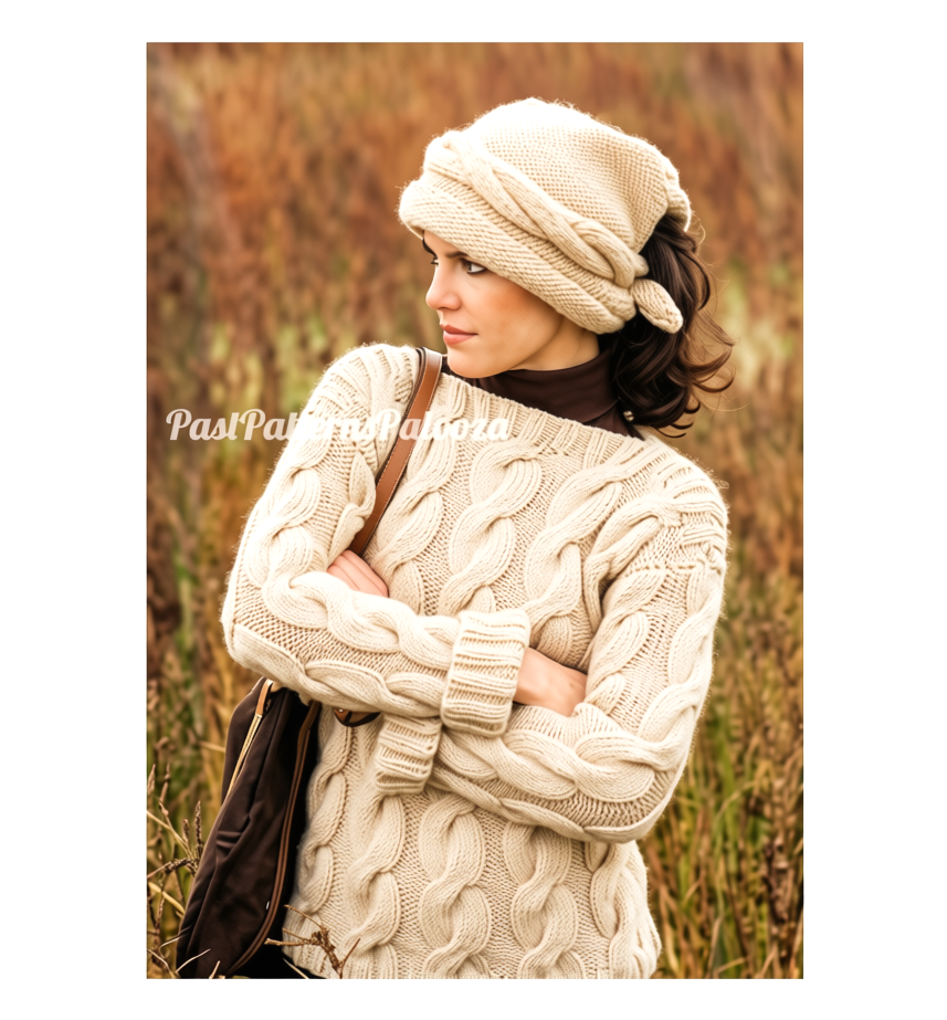 Vintage Knitting Pattern Womens Bold Cabled Sweater and Scarf Hat Set PDF Instant Digital Download Dramatic Cable Twist Pullover