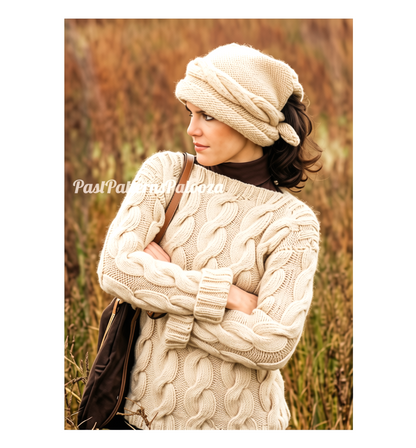 Vintage Knitting Pattern Womens Bold Cabled Sweater and Scarf Hat Set PDF Instant Digital Download Dramatic Cable Twist Pullover