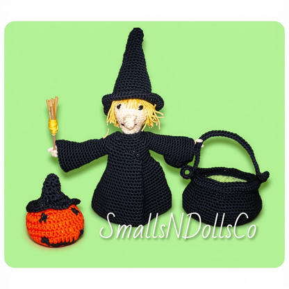 Vintage Crochet Pattern Halloween 14" Witch Doll with Cauldron & Pumpkin Candy Holders PDF Instant Digital Download