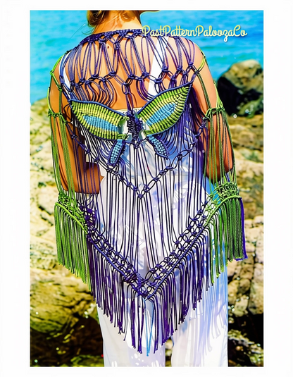 Vintage Macrame Pattern Womens Butterfly Shawl Wrap Fringed Beachcover PDF Instant Digital Download Hippie Boho Chic
