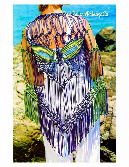 Vintage Macrame Pattern Womens Butterfly Shawl Wrap Fringed Beachcover PDF Instant Digital Download Hippie Boho Chic