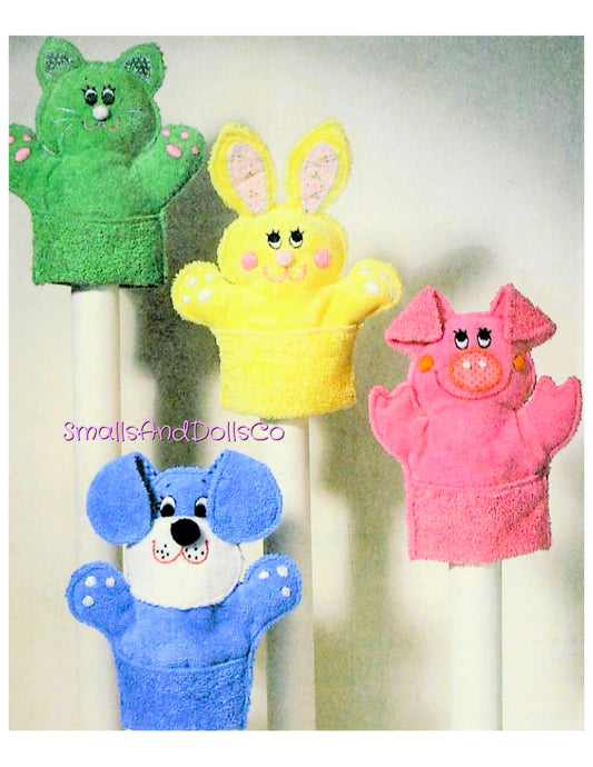 Vintage Sewing Pattern Terrycloth Animal Washcloth Puppets PDF Instant Digital Download Cute Pig Bunny Puppy Kitty Cat Terry Cloth Fabric