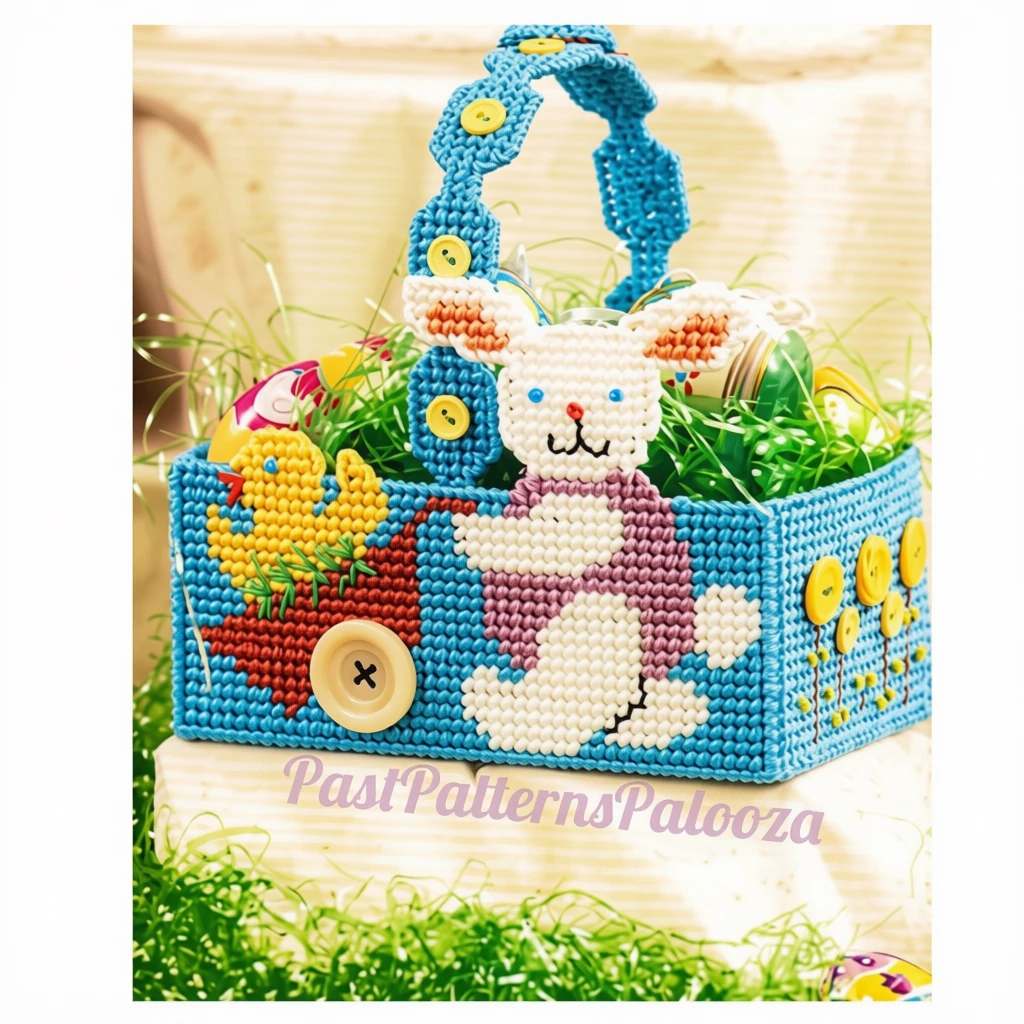 Vintage Plastic Canvas Pattern 7" Easter Bunny Chicks Easter Egg Candy Basket PDF Instant Digital Download Buttons on Handle 7 Ct