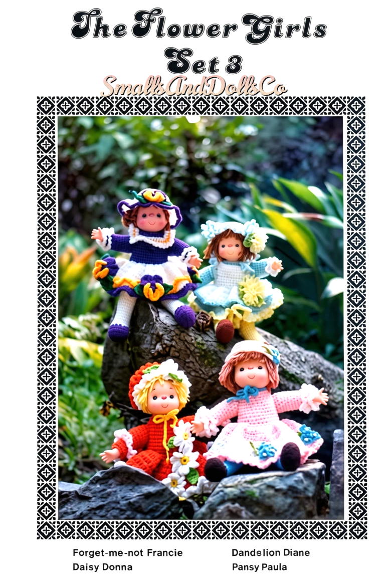Vintage Crochet Patterns The Flower Girls Yarn Head Dolls PDF Instant Digital Download 12 Floral Craft Doll Designs Retro 1980s 4 Ply Mitzy