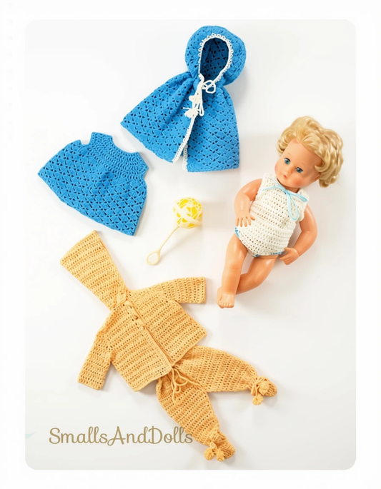 Vintage Crochet Pattern Doll Clothes for 14 and 16 Inch Baby Dolls 6 Pcs PDF Instant Digital Download Cape Dress Vest Pants Leggings 4 Ply