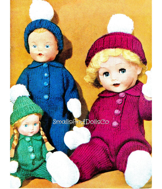 Vintage Knitting Pattern Outdoor Snowsuit Winter Sets Doll Clothes for Three Sizes 8 12 16 Inch Dollys PDF Instant Digital Download 4 Ply