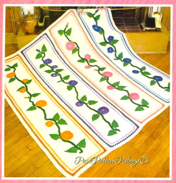 Vintage Crochet Pattern Morning Glory Spring Bouquet Afghan PDF Instant Digital Download Appliqued Calico Fabric Flowers Throw Blanket