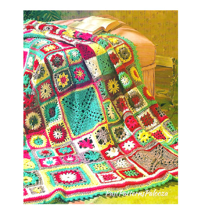 Vintage Crochet Pattern Granny Square Sampler Afghan Patchwork Garden PDF Instant Digital Download 11 Motifs Blanket 50x64 10 Ply