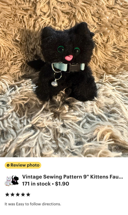 Vintage Sewing Pattern 9" Kittens Faux Fur Fabric Soft Sculpture Plush Toys PDF Instant Digital Download Stuffed Realistic Kitty Cat Plushie